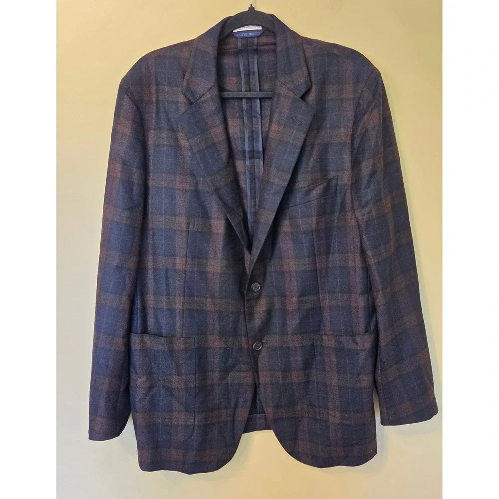 Belvest Italy Navy Brown Plaid Wool Blazer Sport Coat 45R Patch Pocket 2 Button